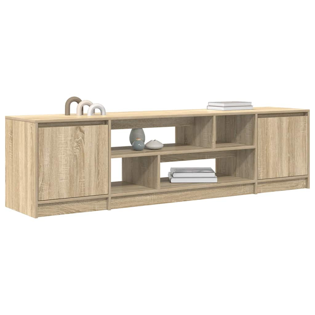 Ein TV-Ständer aus hellem Holz mit Regalen, Schränken und dekorativen Gegenständen wie Büchern und kleinen Vasen.