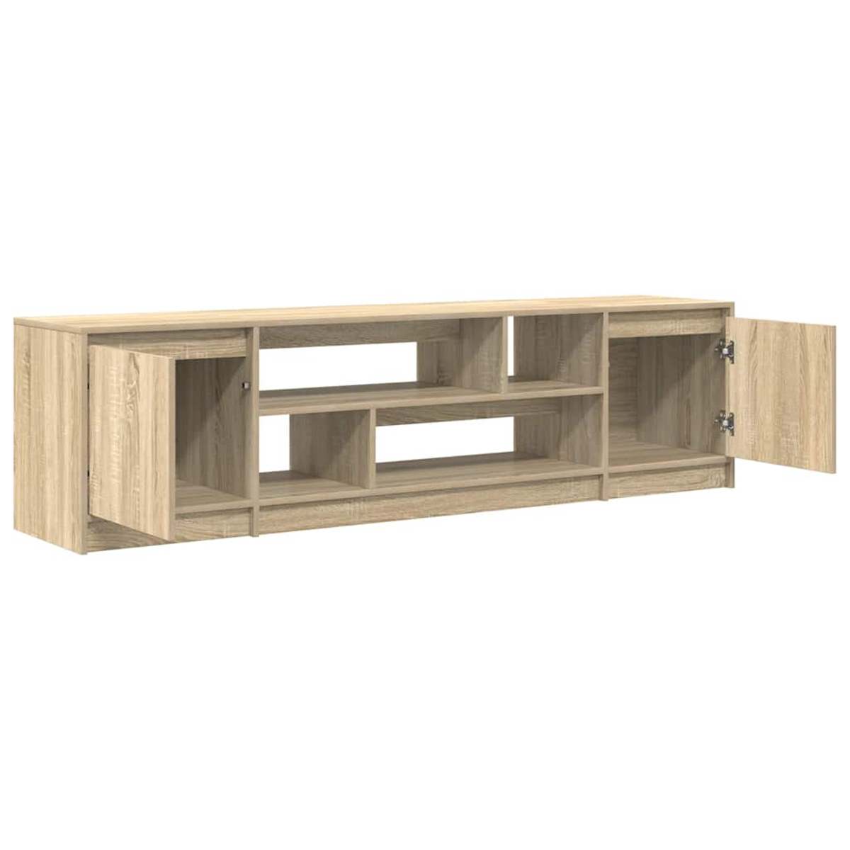 Ein hellbrauner TV-Ständer aus Holz mit offenen Regalen und zwei Schränken, einer auf jeder Seite, Türen offen. Der Ständer steht vor weißem Hintergrund.