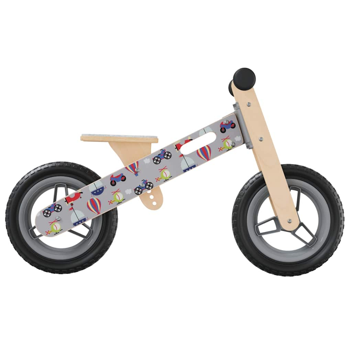 Ein hölzernes Laufrad mit grauen Rädern. Der Rahmen ist helles Holz mit einem gemusterten Design von Fahrzeugen. Lenker und Sitz sind sichtbar.