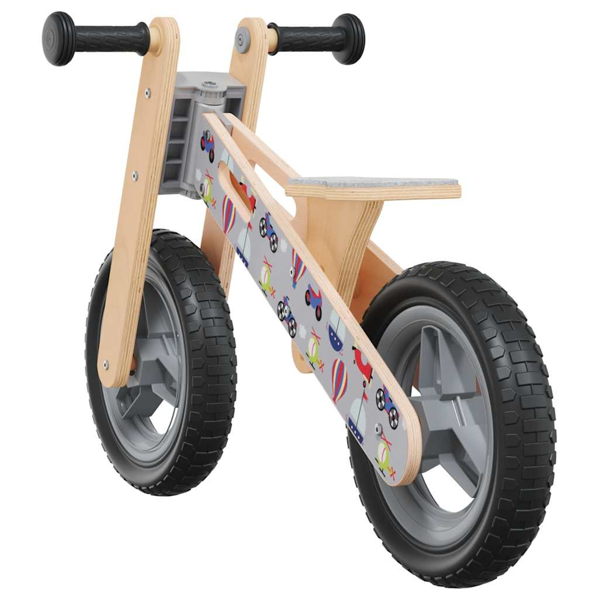 Ein Laufrad aus Holz für Kinder. Es hat schwarze Griffe, graue Räder und einen Sitz. Der Rahmen ist mit Fahrzeugillustrationen verziert.