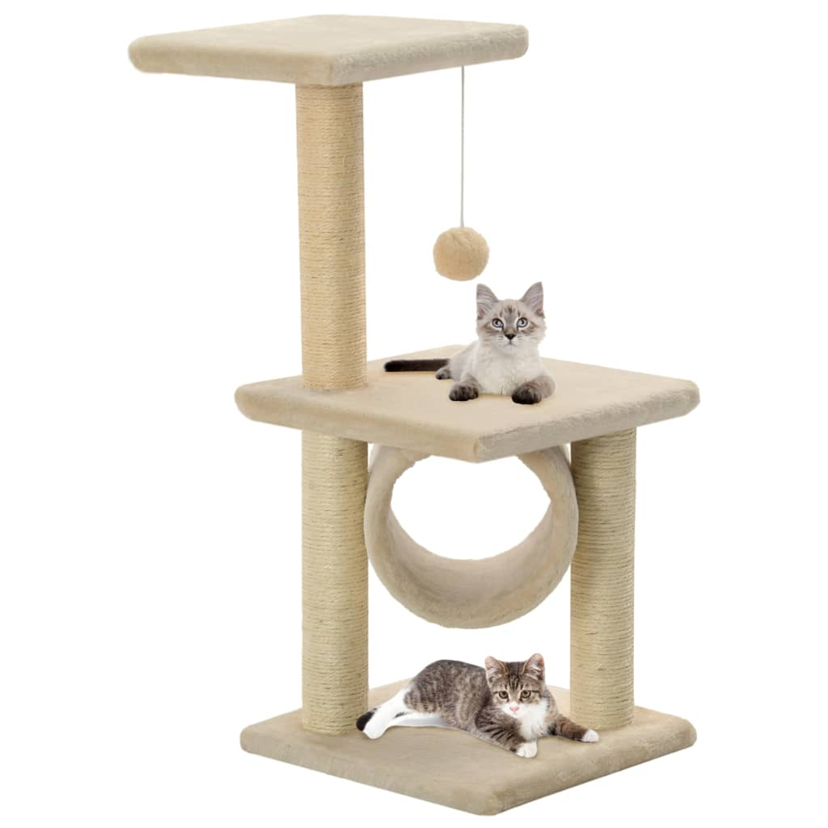 Ein beigefarbener Katzenbaum mit zwei Katzen. Eine Katze ist oben und die andere unten. Ein hängender Ball ist ebenfalls vorhanden.