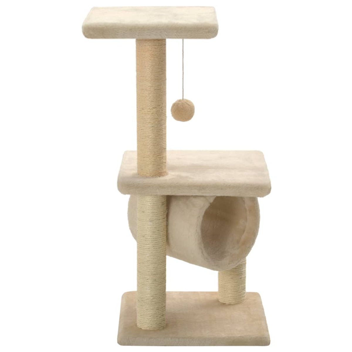 Ein beigefarbener Katzenbaum mit Plattformen, Kratzpfosten, einem Tunnel und einer hängenden Kugel. Er ist für Katzen zum Spielen und Ausruhen gedacht.