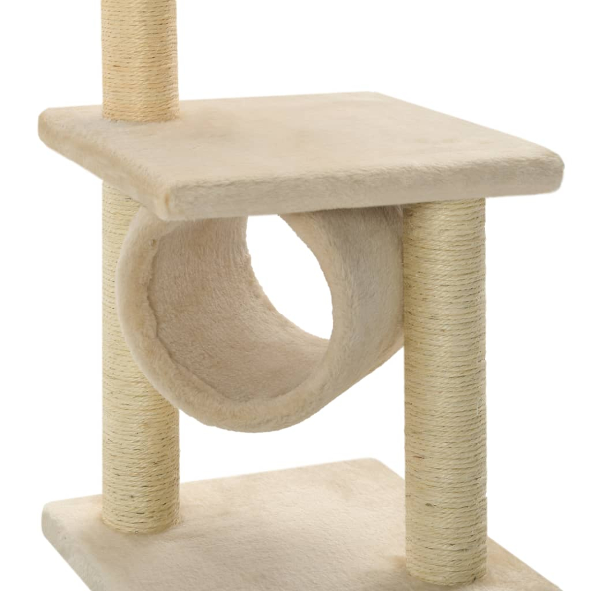 Beiger Katzenbaum mit mehreren Ebenen, einer Hängematte und Kratzpfosten. Er steht vor einem weißen Hintergrund.