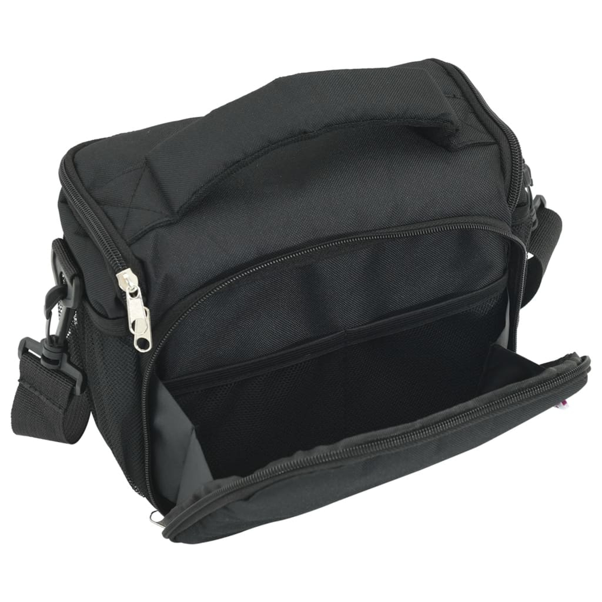 Schwarze Lunch-Tasche mit offenem Reißverschluss. Zeigt die Innentaschen und den Schultergurt. Griff oben sichtbar.
