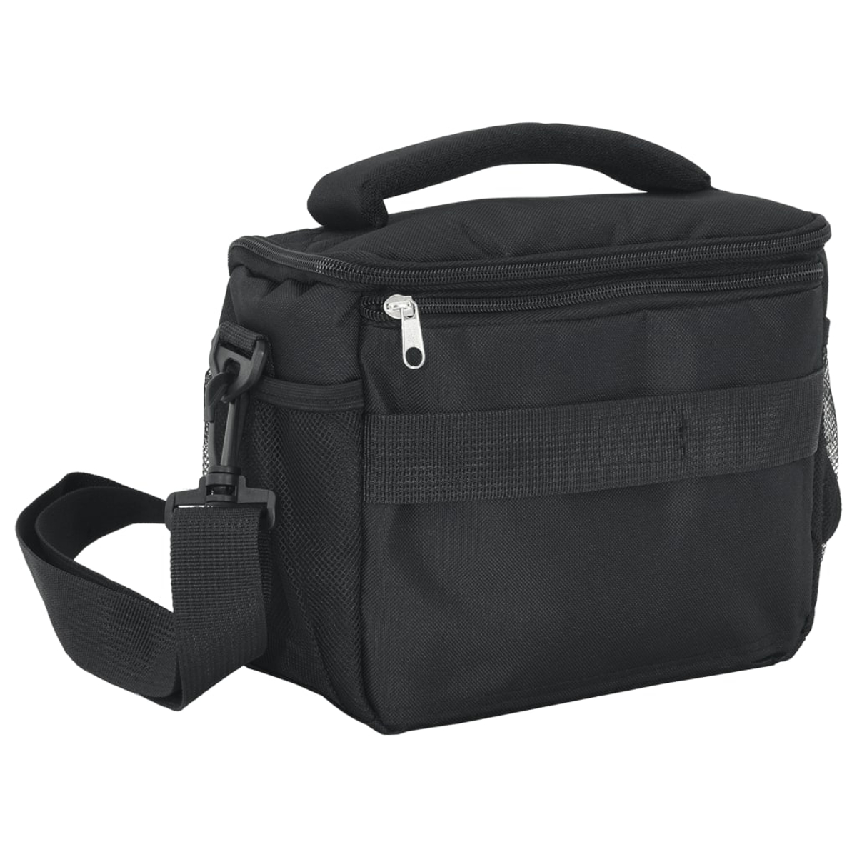 Eine schwarze rechteckige Lunchtasche mit oberem Griff und Schultergurt. Sie hat einen Reißverschluss und eine Seitentasche aus Netzstoff.