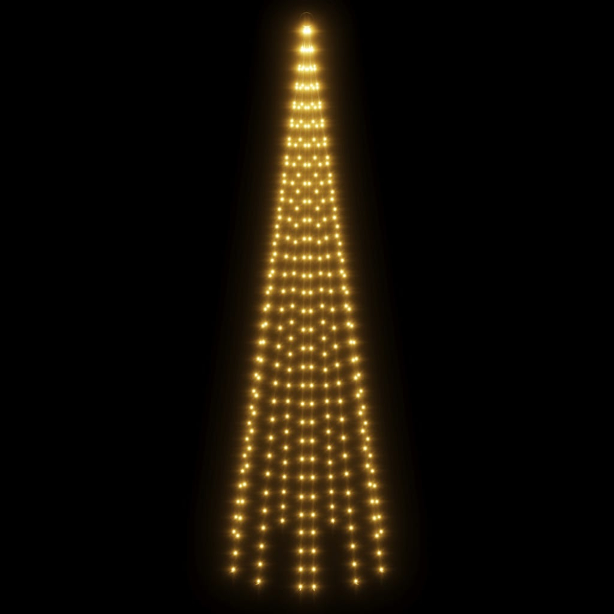 Ein Weihnachtsbaum aus vielen kleinen, gelben Lichtern vor schwarzem Hintergrund. Die Lichter sind dreieckig angeordnet.