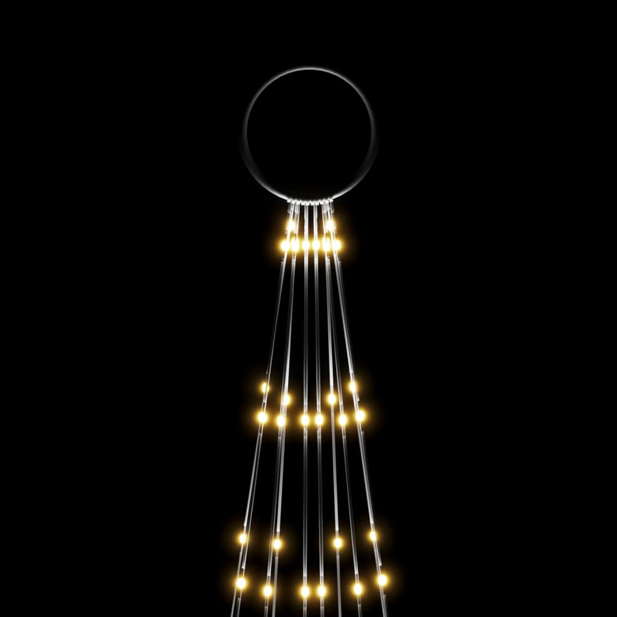 Eine moderne, weihnachtsbaumartige Struktur mit einem oberen Ring und absteigenden Lichtlinien, vor schwarzem Hintergrund.