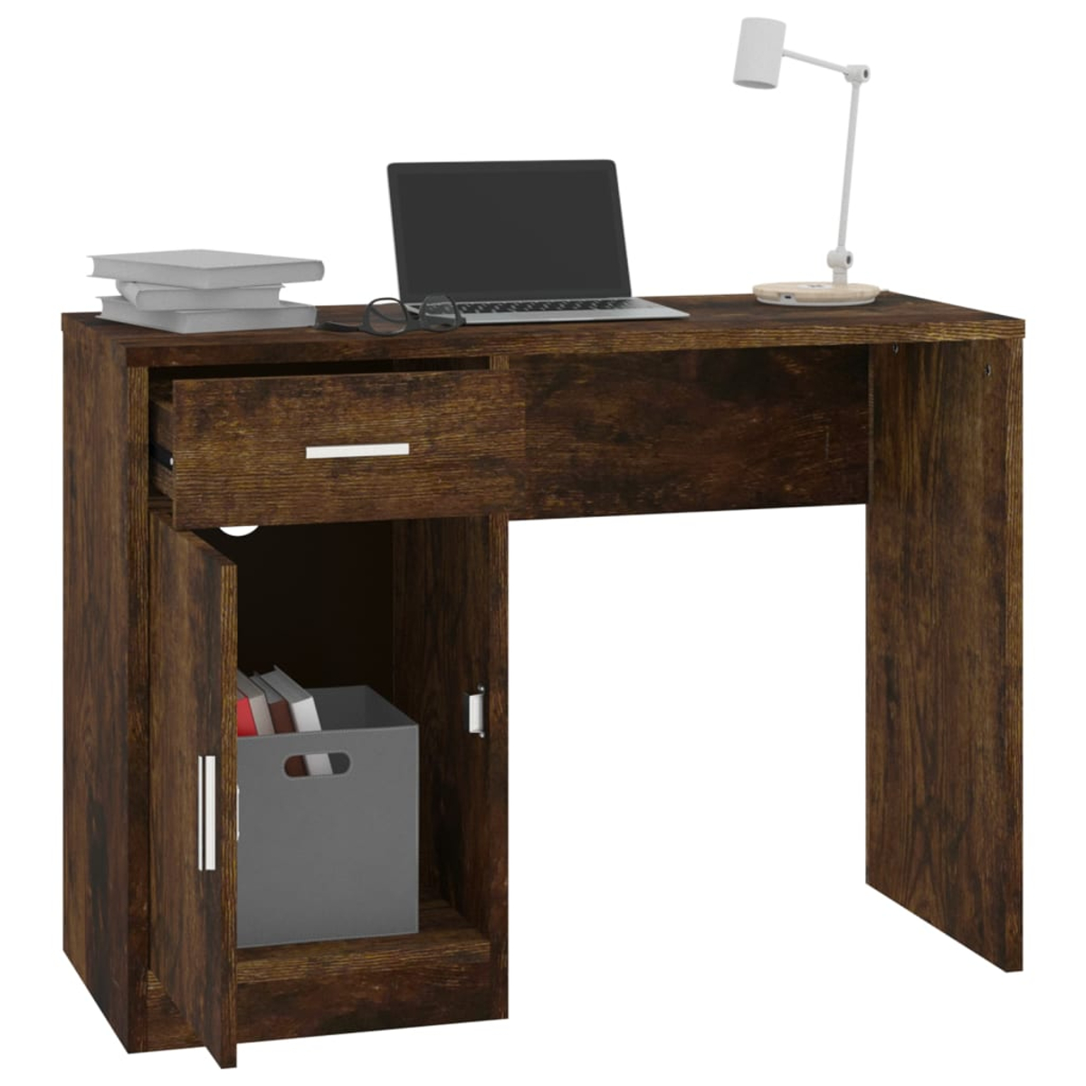 Ein brauner Holzschreibtisch mit Laptop, Büchern, Brille und Lampe. Eine Schublade ist offen, ein Schrank enthält eine graue Box mit Büchern.