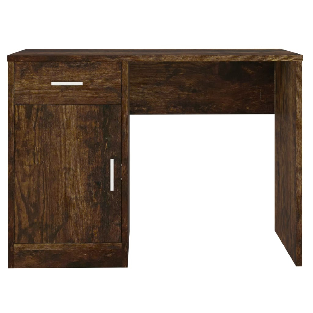Ein dunkelbrauner Holzschreibtisch mit Schublade, Schrank und Platz für einen Stuhl.