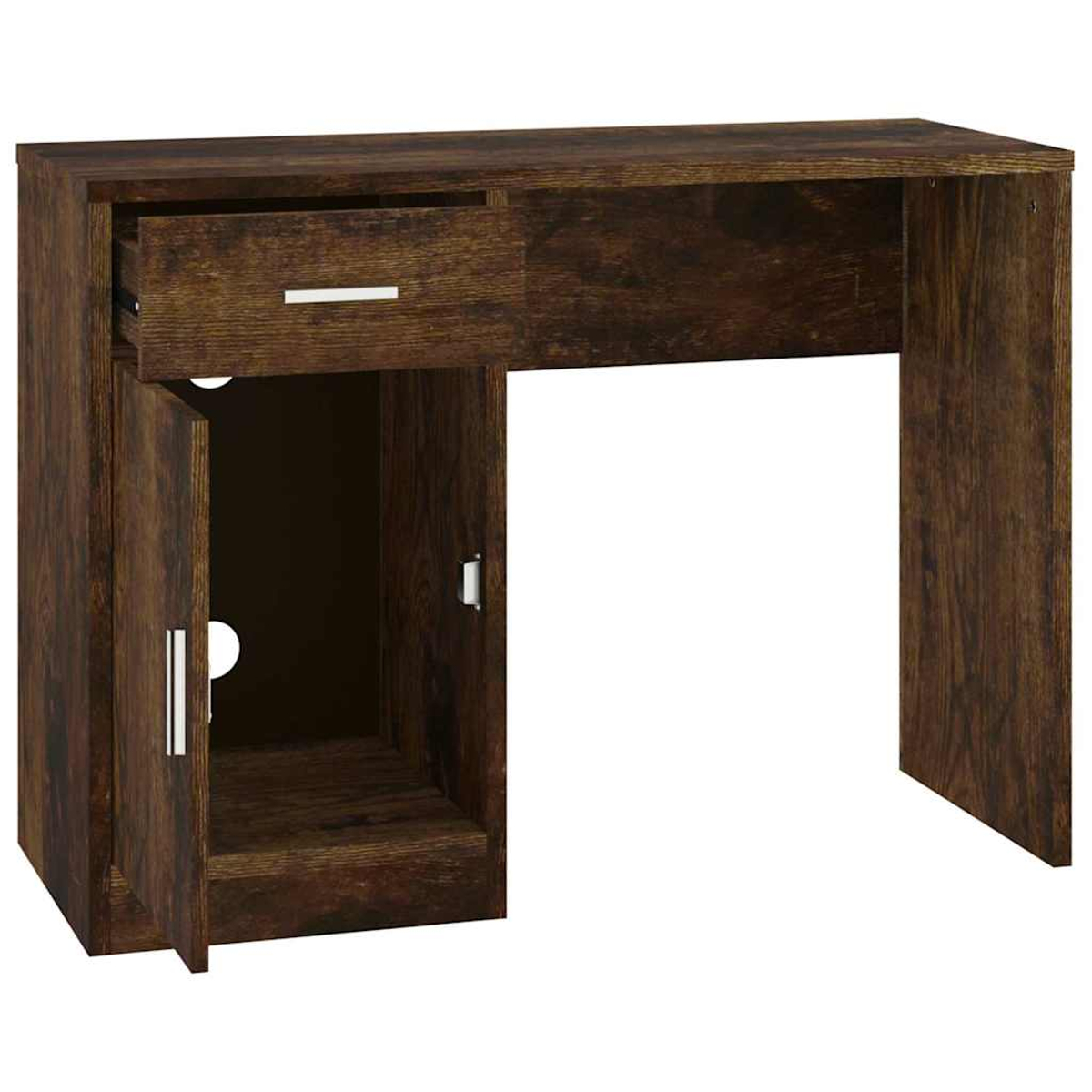 Ein brauner Holzschreibtisch mit offener Schublade, einem Schrank mit offener Tür und Platz für einen Stuhl.