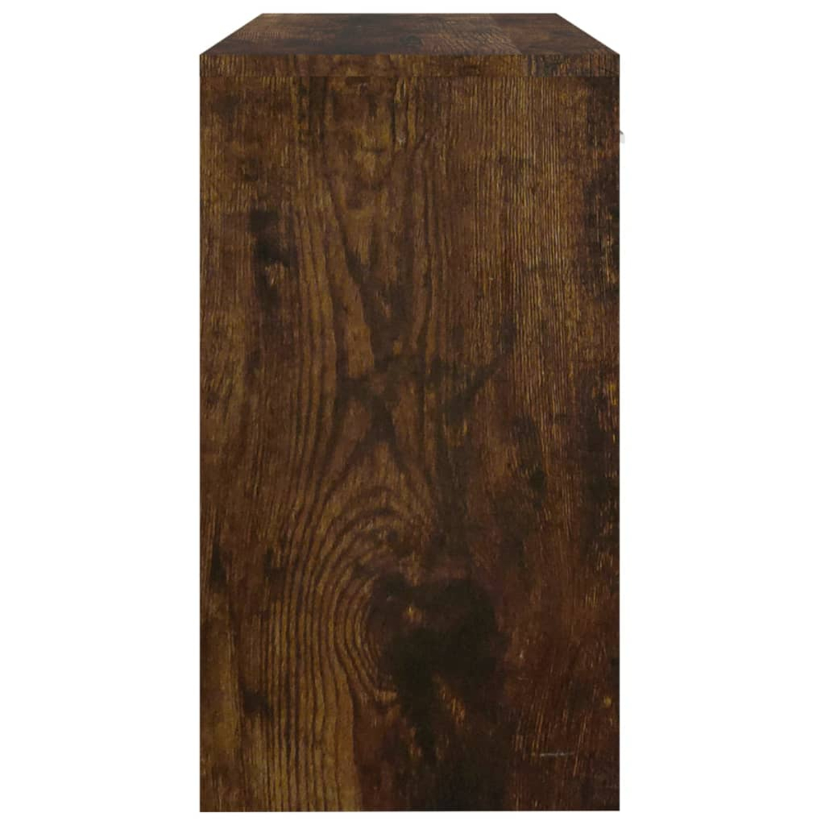 Nahaufnahme eines Holzschranks mit dunkelbraunem Finish. Die Holzmaserung ist deutlich sichtbar, mit rechteckiger Form.