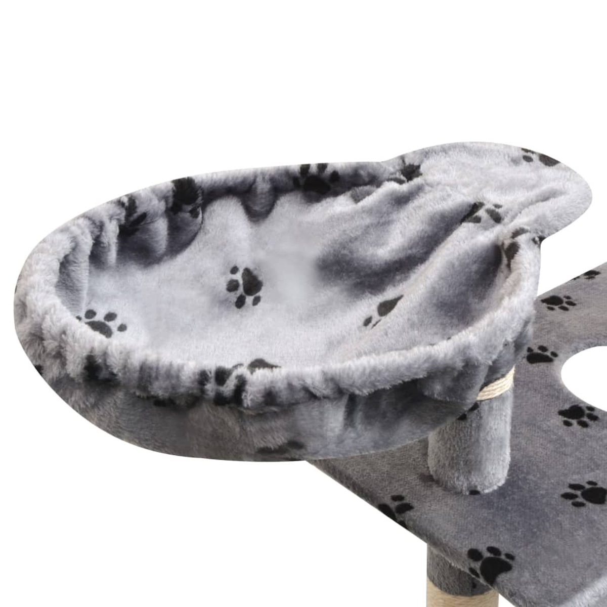 Ein grauer Kratzbaum mit rundem Bett und Pfotenabdruck-Details. Das Bett hat weiches Material. Die Basis hat auch Pfotenabdrücke.