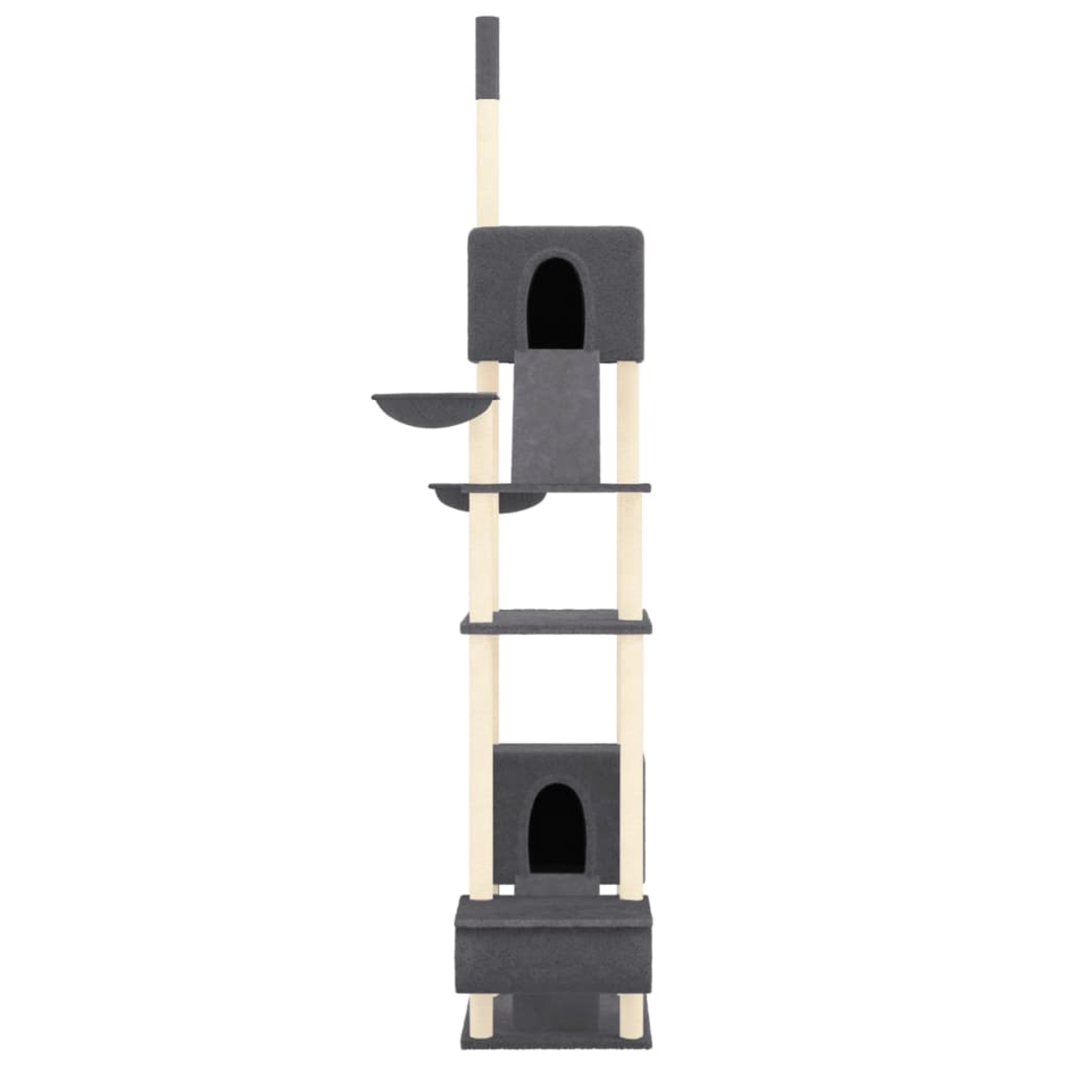 Ein mehrstöckiger Katzenbaum. Er hat dunkelgraue Plattformen, Katzenhäuser und eine Hängematte. Beige Stützpfosten halten die Struktur.