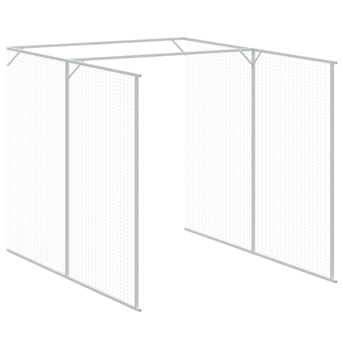 Ein rechteckiger Metallrahmenkäfig mit Drahtgeflechtwänden, an einer Seite offen. Hellgraue Farbe, einfaches Design, auf weißem Hintergrund.