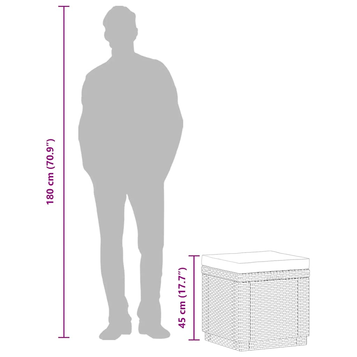 Eine graue Silhouette einer Person steht neben einem gewebten quadratischen Hocker. Die Höhe der Person beträgt 180 cm, der Hocker 45 cm.