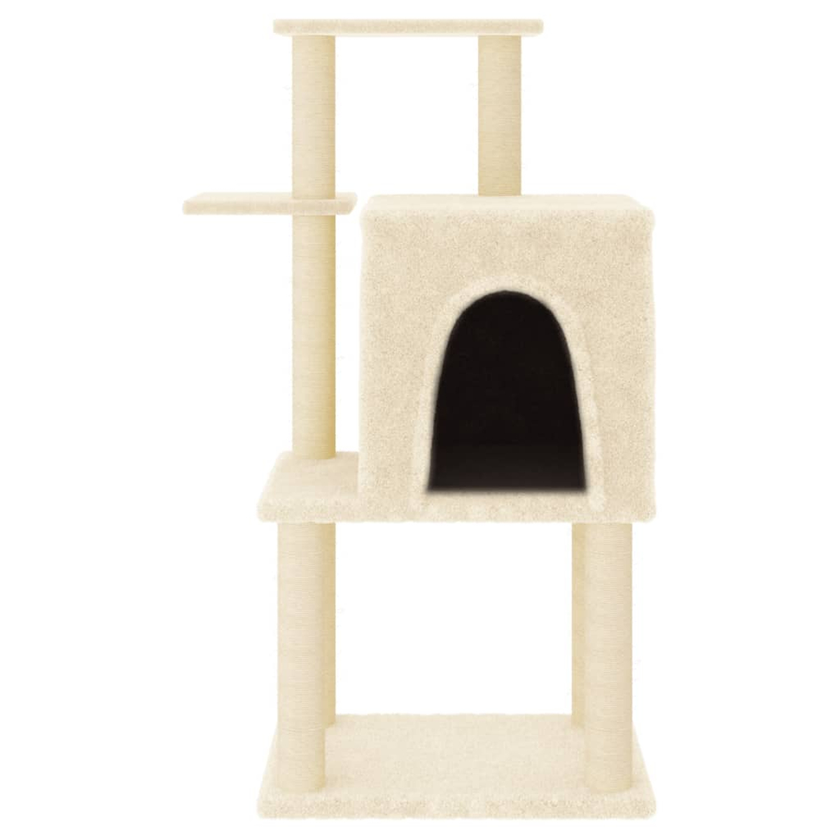 Ein beigefarbener Katzenbaum mit mehreren Ebenen, einer Höhle und Kratzpfosten auf weißem Hintergrund.