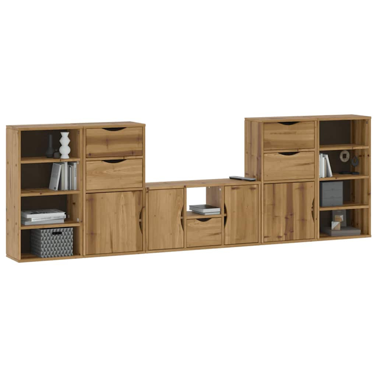 Holzwand-Einheit mit Regalen, Schubladen und Schränken. Enthält Bücher, Vasen und Dekorationsartikel. Hellbraune Farbe.