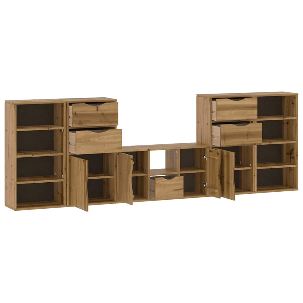 Holzschrank-Set mit mehreren Regalen, Schubladen und Türen. Das Set ist hellbraun und hat ein modernes Design.
