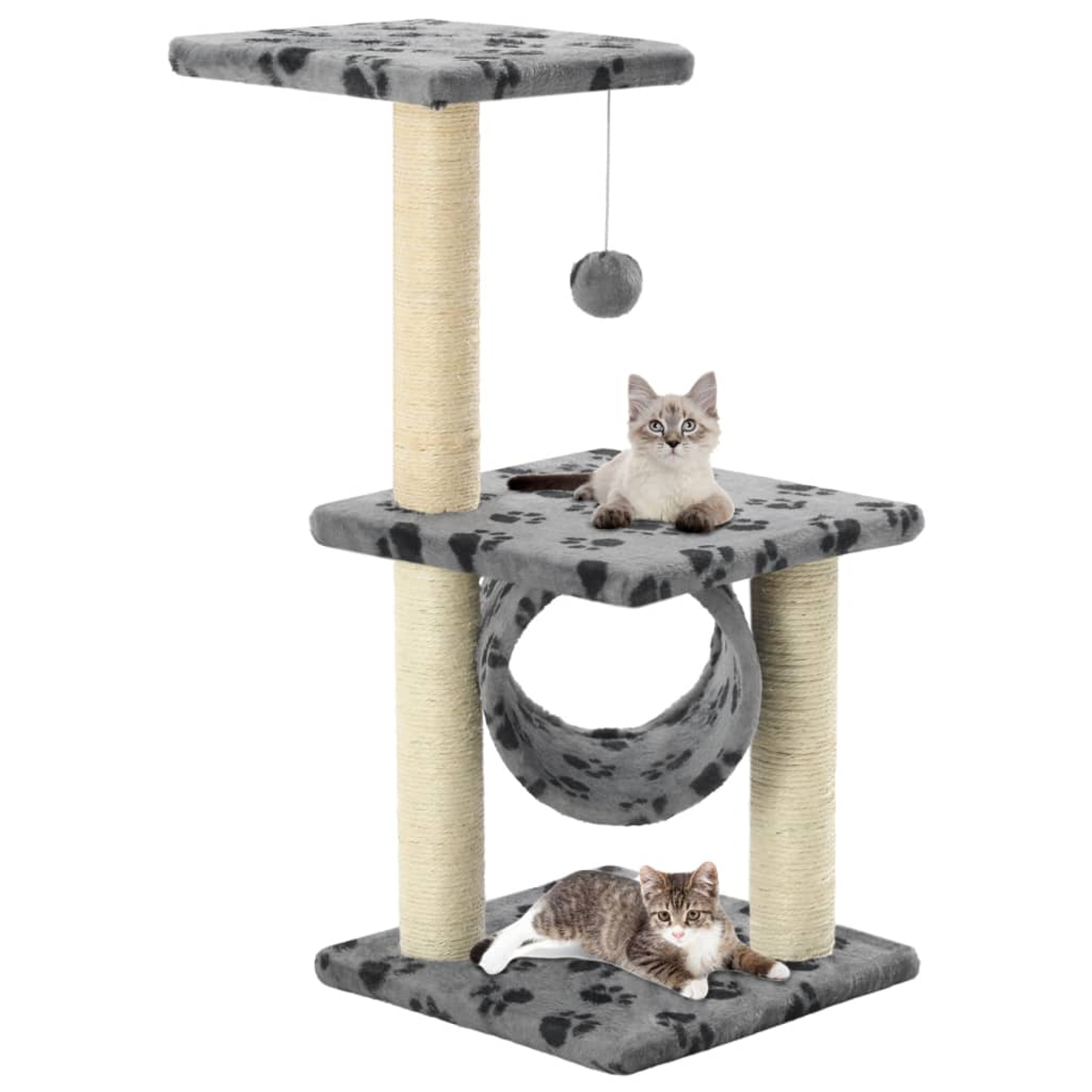 Ein Katzenbaum mit zwei Katzen. Eine Katze ruht sich auf der oberen Plattform aus, eine andere auf der unteren. Der Baum hat einen Tunnel und ein hängendes Spielzeug.