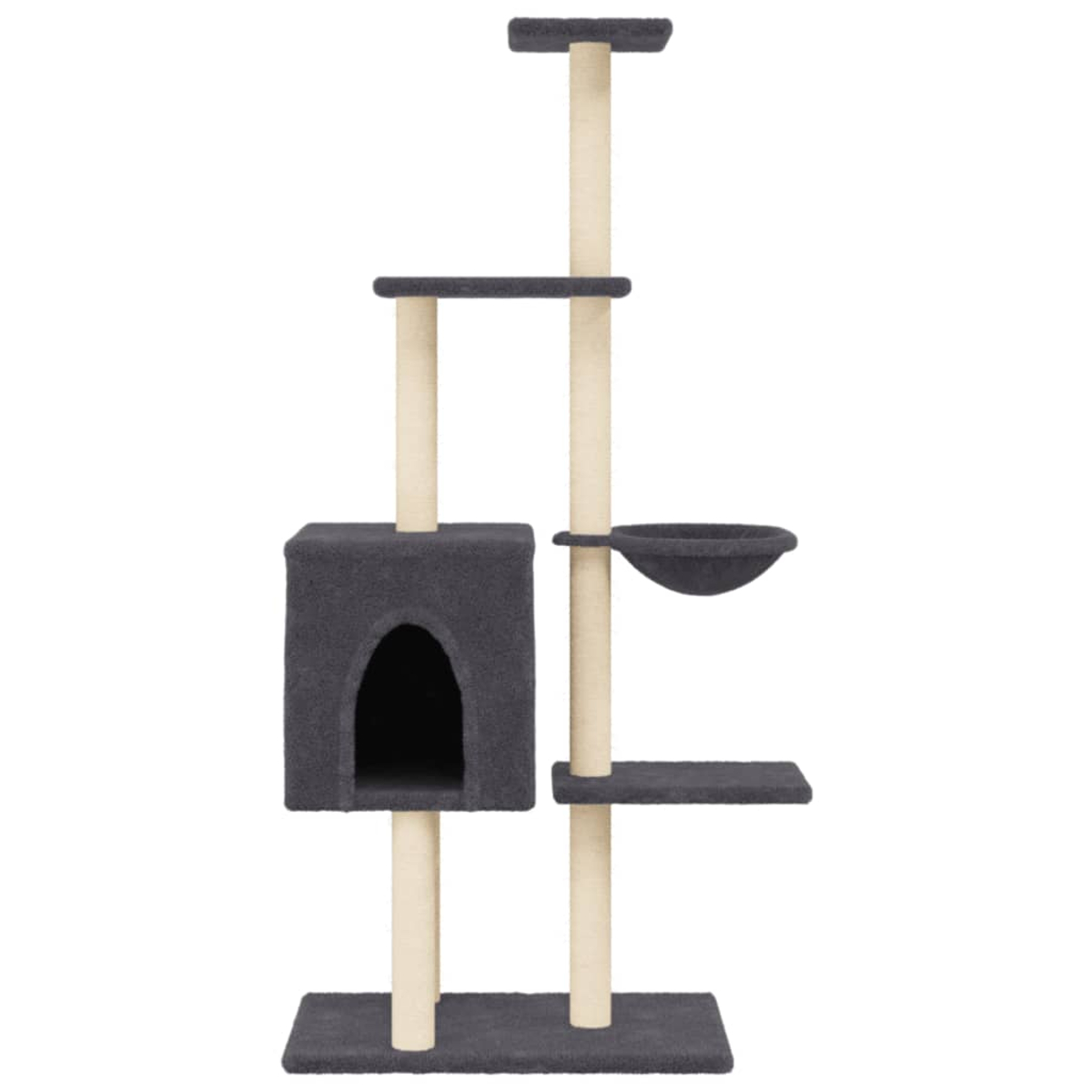 Ein grauer Katzenbaum mit mehreren Ebenen, einem Häuschen, einer Hängematte und Kratzpfosten. Beige Pfosten stützen die Struktur.