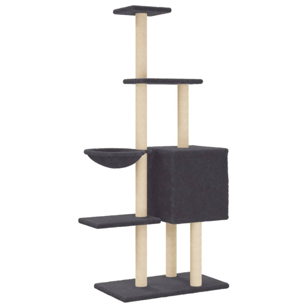 Ein mehrstöckiger Kratzbaum mit dunkelgrauer Basis, Plattformen und einem würfelförmigen Haus. Beige Pfosten tragen die Struktur.