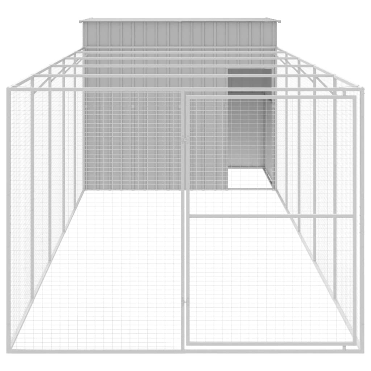 Eine weiße Metallkonstruktion, die einem Käfig ähnelt. Es hat ein Dach, Wände aus Drahtgeflecht und eine Tür. Der Hintergrund ist weiß.