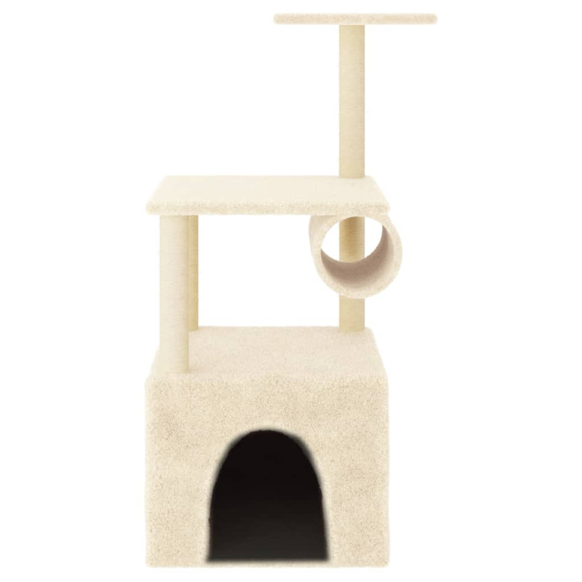 Ein beiger Katzenbaum mit mehreren Ebenen, einem Tunnel und einem hausförmigen Sockel. Der Hintergrund ist weiß.