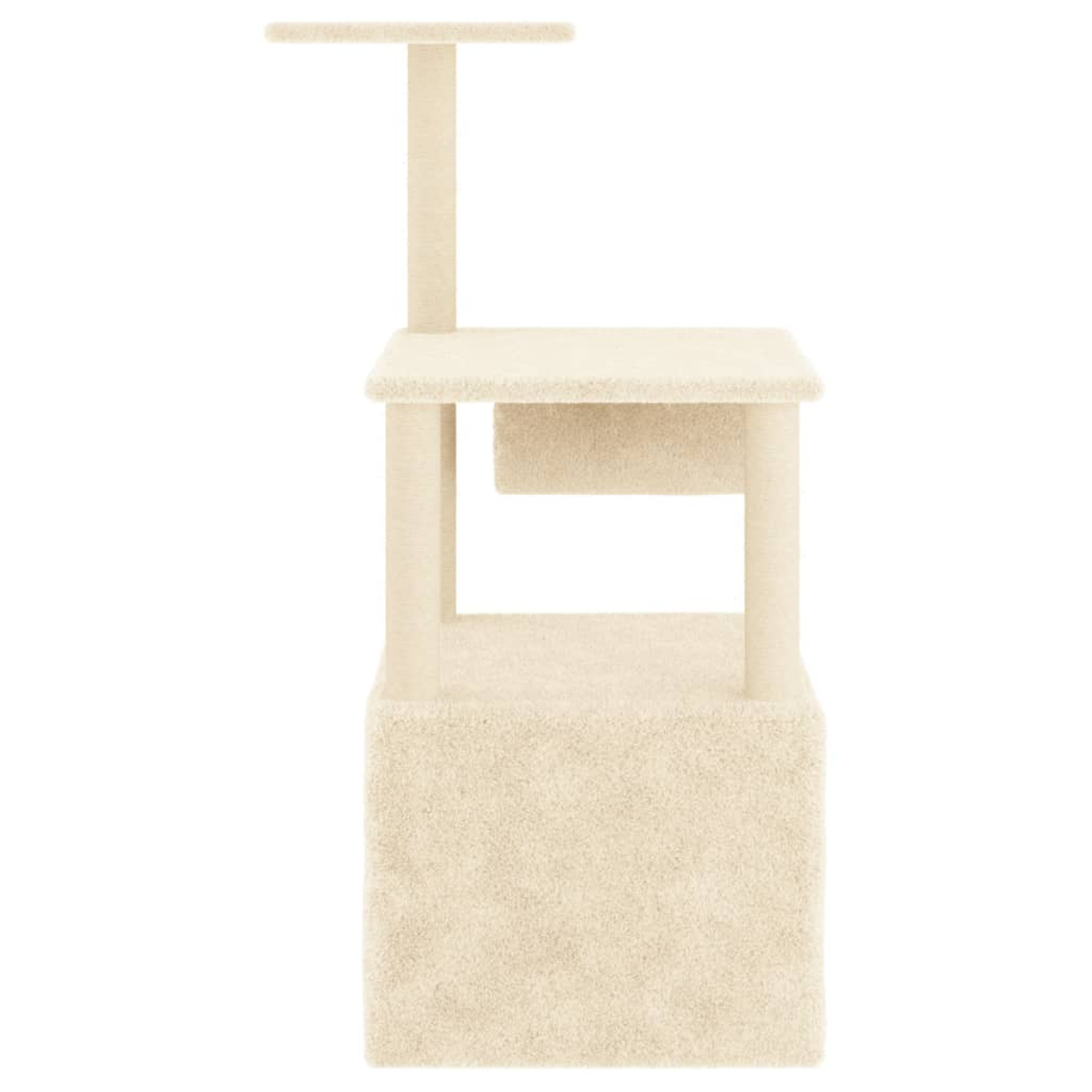 Ein beiger Kratzbaum mit mehreren Ebenen und einer oberen Sitzstange. Die Struktur besteht aus teppichähnlichem Material, mit neutralem Hintergrund.