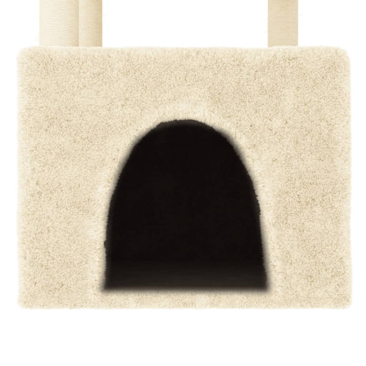 Ein beigefarbener Katzenbaum mit dunkler, gewölbter Öffnung. Oben sind zwei beige Säulen zu sehen. Die Struktur hat eine weiche, flauschige Textur.
