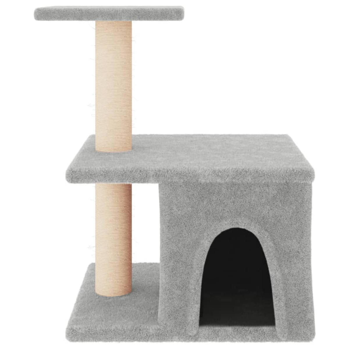 Ein grauer Katzenbaum mit Plattform, Kratzbaum, Höhle und oberem Sitzplatz, alles auf weißem Hintergrund.