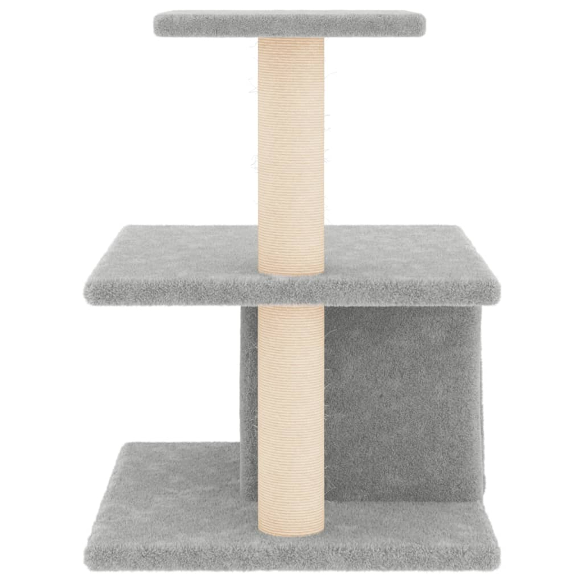 Ein grauer Katzenbaum mit drei Plattformen. Die Basis hat eine Würfelform. Zwei beige Kratzbäume stützen die Plattformen.