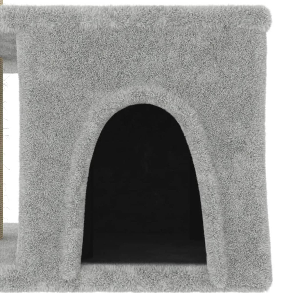 Ein hellgrauer Katzenbaumabschnitt mit einer bogenförmigen Öffnung. Ein dunkler Innenraum ist sichtbar. Die Oberfläche hat eine pelzige Textur.