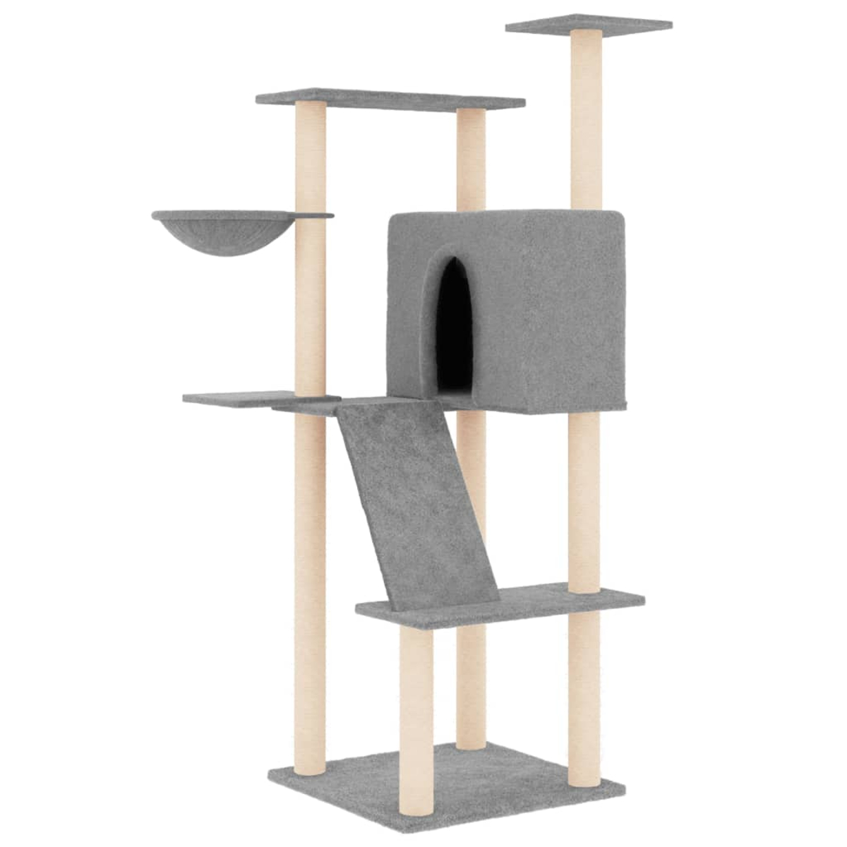 Ein grauer Katzenbaum mit mehreren Ebenen, Plattformen, einer Höhle und Kratzbäumen. Beige Säulen tragen die Struktur vor weißem Hintergrund.