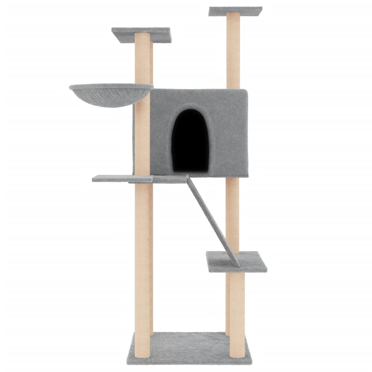 Ein grauer Katzenbaum mit mehreren Plattformen, einer Höhle, Kratzpfosten und einem hängemattenartigen Bett. Beige Pfosten stützen die Struktur.