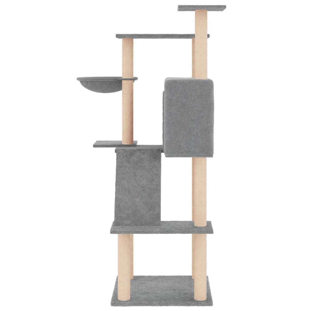 Ein grauer Katzenbaum mit mehreren Ebenen, Plattformen und Kratzbäumen. Beige Pfosten stützen die grauen Strukturen. Der Hintergrund ist weiß.