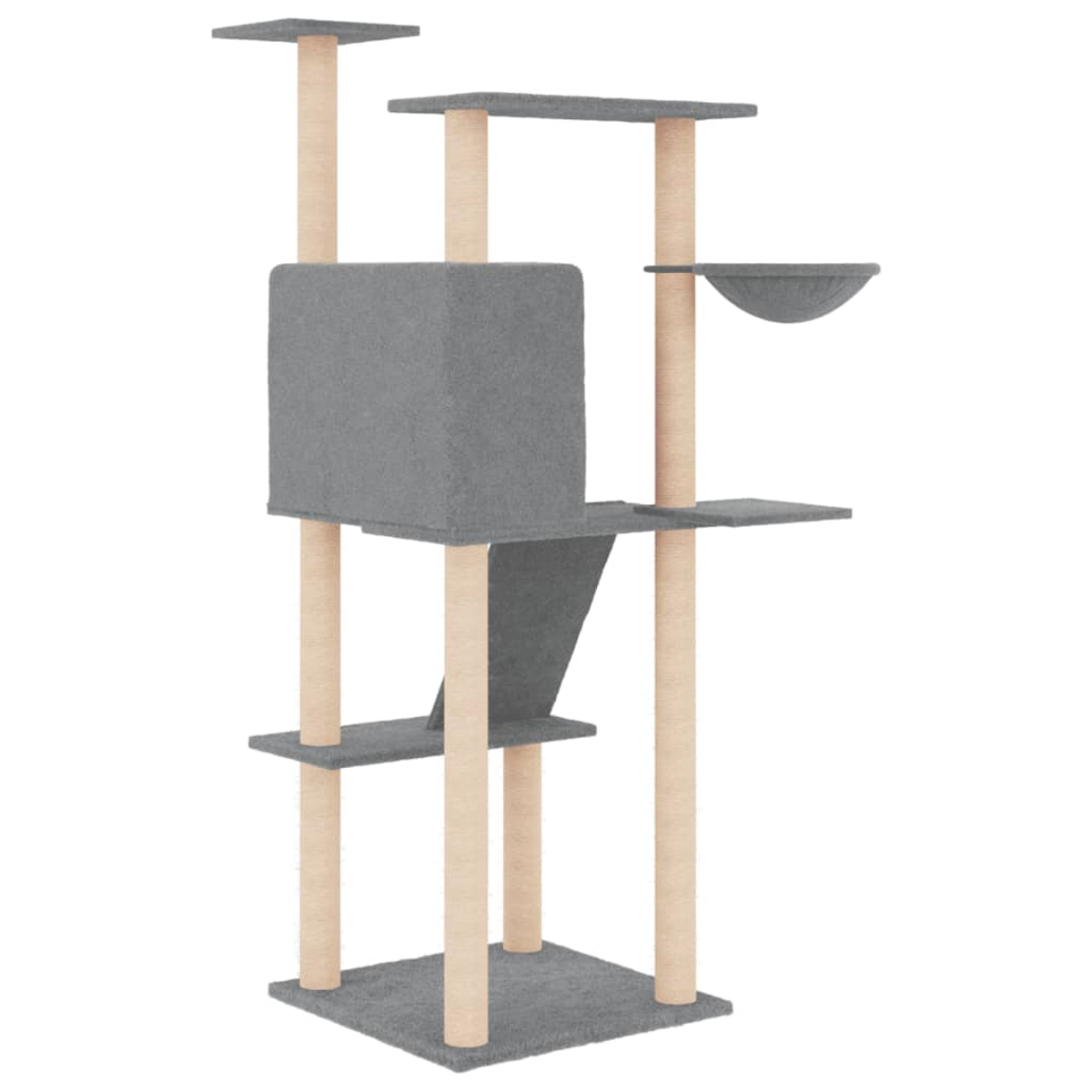 Grauer Katzenbaum mit mehreren Ebenen, Plattformen und einem schalenförmigen Bett. Beige Stützpfosten. Weißer Hintergrund.