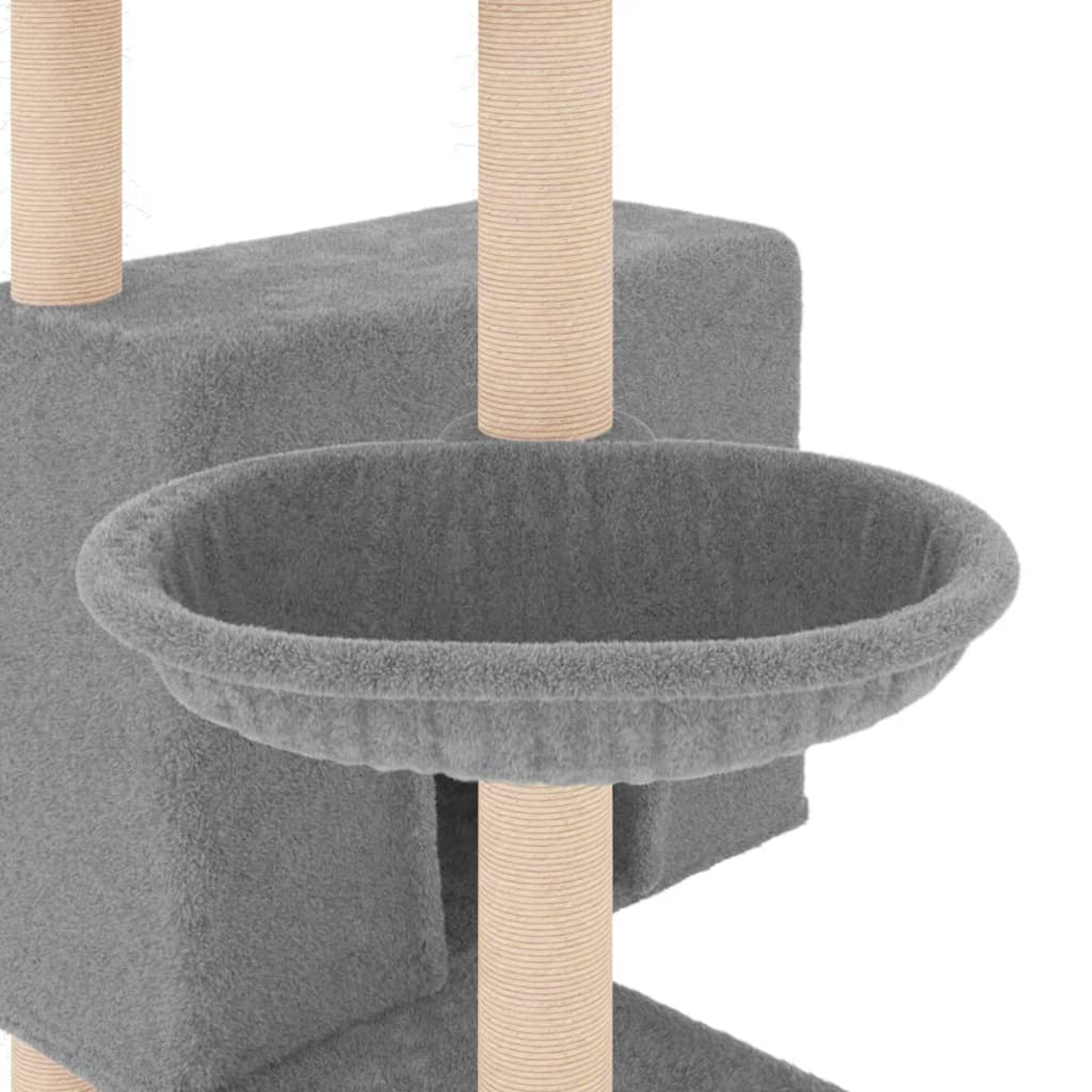Ein grauer Katzenbaum mit rundem Bett, getragen von beigefarbenen, mit Seil umwickelten Pfosten. Der Hintergrund ist weiß.
