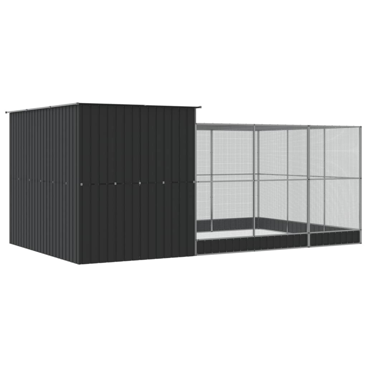 Ein schwarzes Vogelhaus aus Metall mit einem geschlossenen Unterstand und einem Drahtkäfig, der sich nach rechts erstreckt. Weißer Hintergrund.