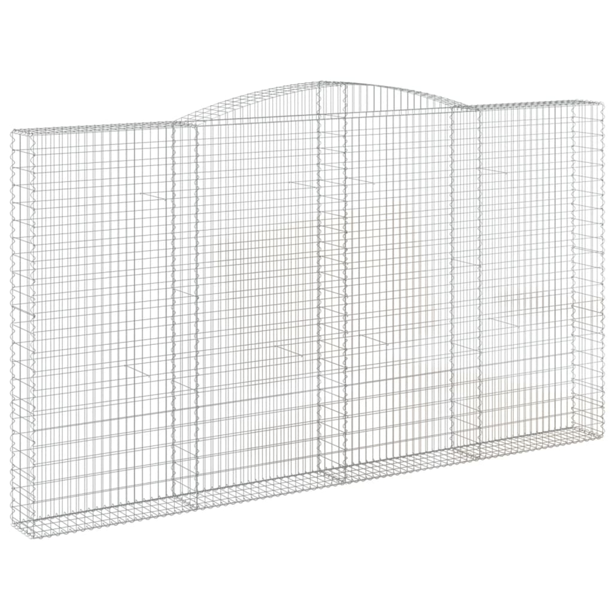 Eine Metall-Gabionenwand. Es ist eine rechteckige Struktur aus Drahtgeflecht. Die Oberseite hat ein gebogenes Design.
