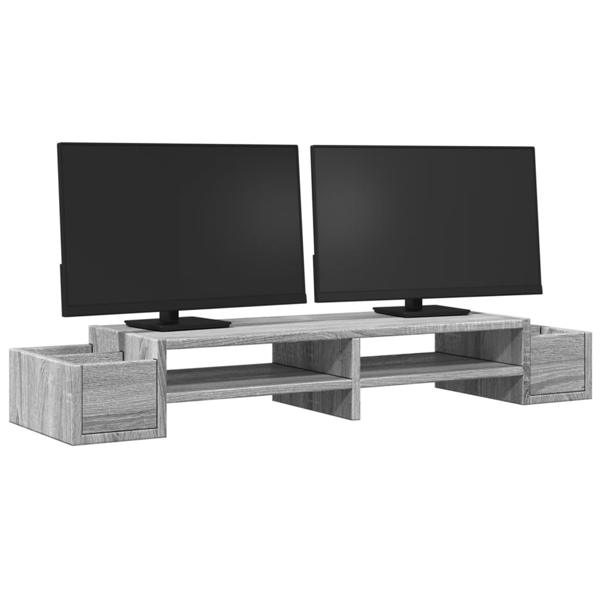 Zwei schwarze Computermonitore stehen auf einem grauen Holztisch mit Staufächern an jedem Ende. Der Hintergrund ist weiß.