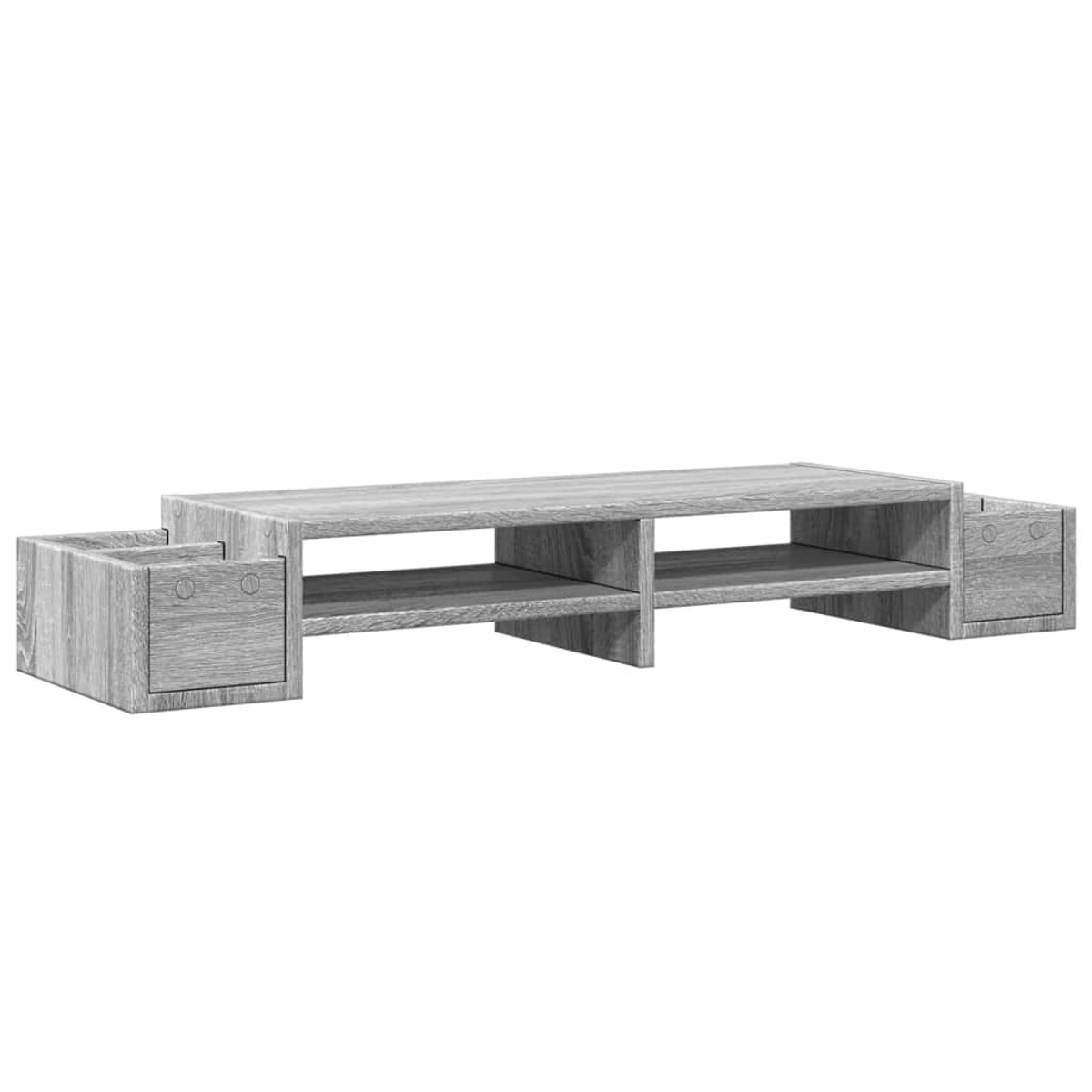Ein grauer TV-Ständer aus Holz mit zwei seitlichen Schränken und einem zentralen Regal. Der Ständer hat ein modernes Design mit klaren Linien.