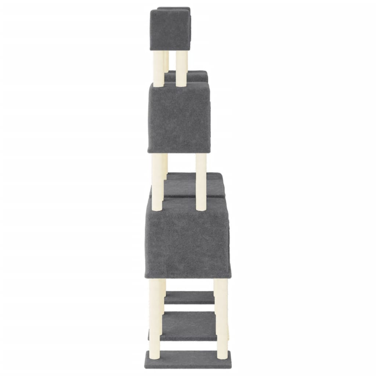 Ein Katzenbaum mit mehreren Ebenen. Er hat graue, quadratische Plattformen, die von hellbeige Pfosten getragen werden. Der Hintergrund ist weiß.