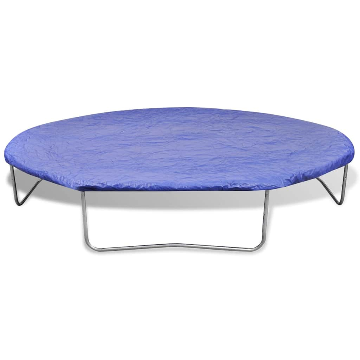 Ein ovales Trampolin, bedeckt mit einer blauen Abdeckung, wird von einem silbernen Metallrahmen getragen. Der Hintergrund ist weiß.