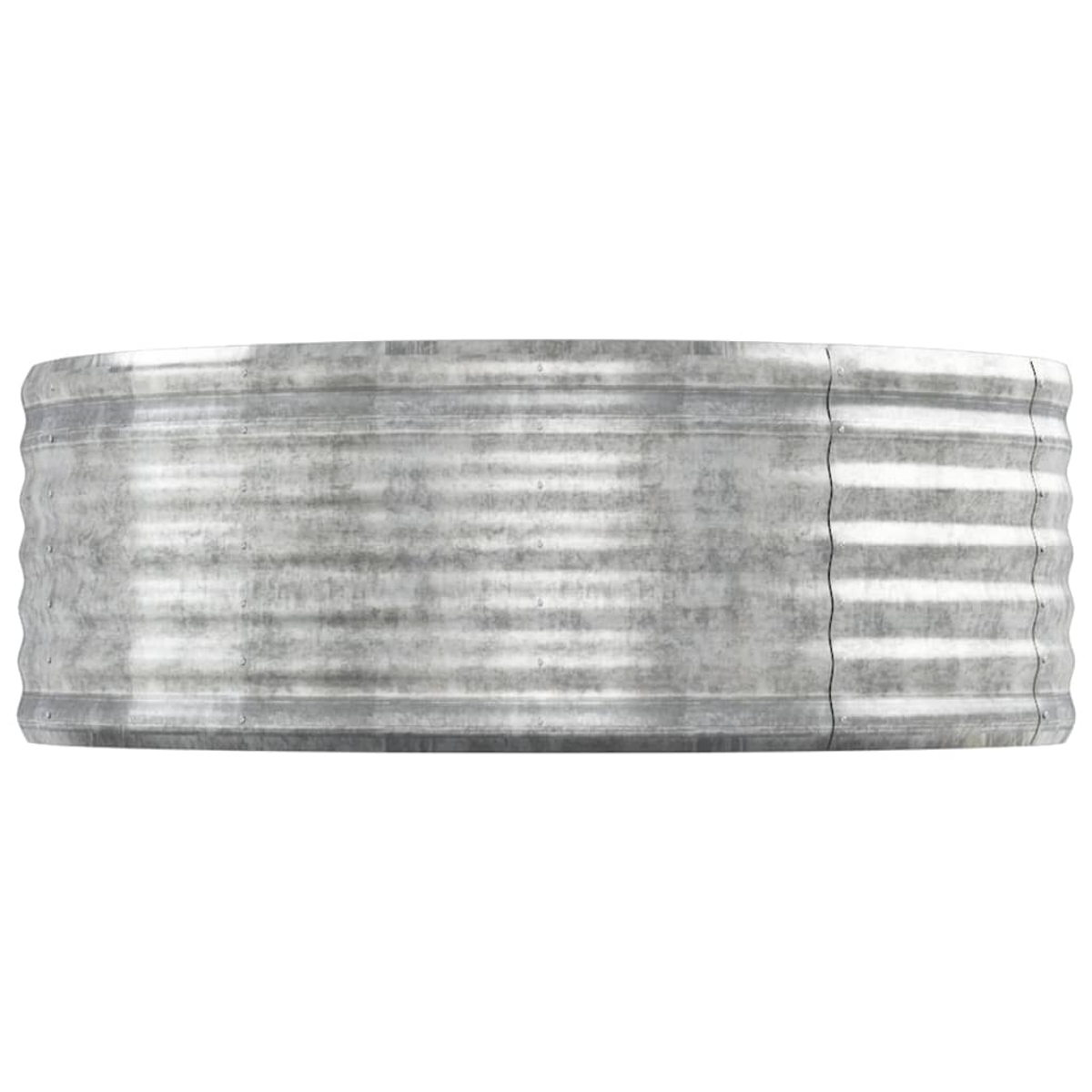 Horizontale Ansicht einer verzinkten Metallwanne. Die Wanne hat ein geriffeltes Design mit horizontalen Linien und einem gewellten Rand. Der Hintergrund ist weiß.
