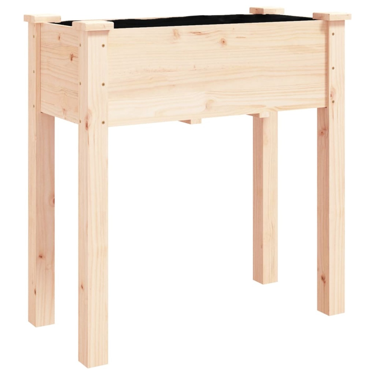 Ein hölzerner Pflanzkasten mit vier Beinen. Die Box ist rechteckig mit dunklem Innenraum. Sie steht vor weißem Hintergrund.