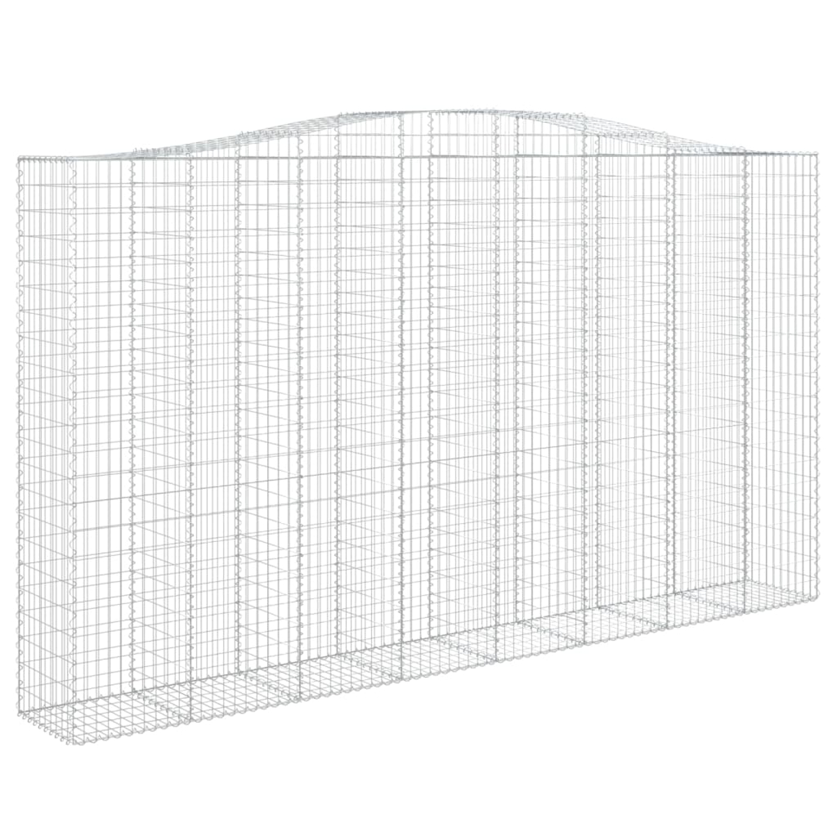 Ein rechteckiger Drahtgitter-Gabion. Die Oberseite hat eine leichte Kurve. Das Netz ist hellgrau, mit weißem Hintergrund.