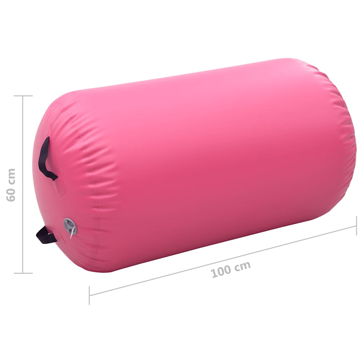 Un cilindro rosa inflable de entrenamiento de gimnasia, de 100 cm de largo y 60 cm de alto, con asas negras y válvula.