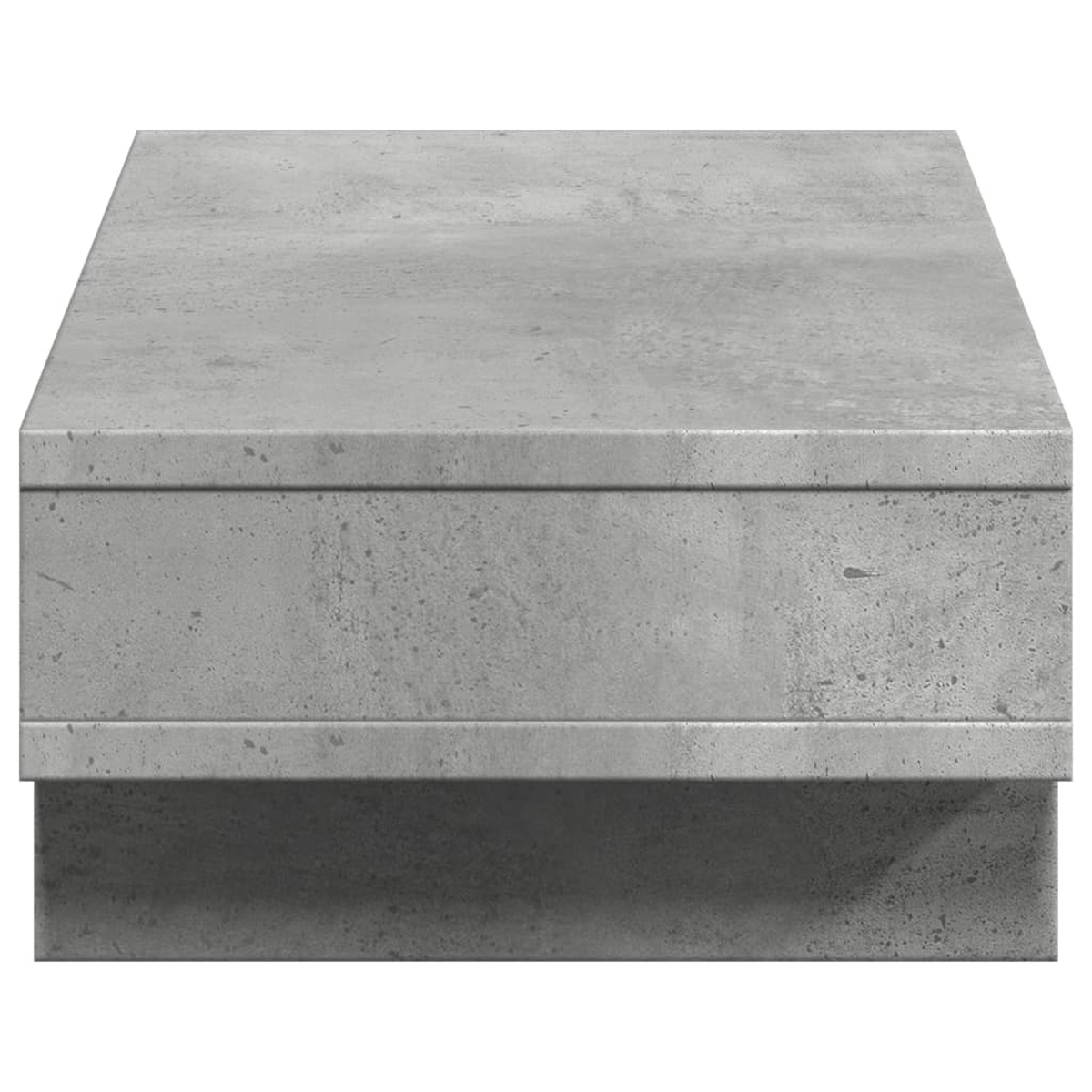 Ein quadratischer, grauer Betontisch. Er hat eine flache Oberseite, ein Mittelband und einen Sockel. Der Tisch wird von vorne betrachtet.
