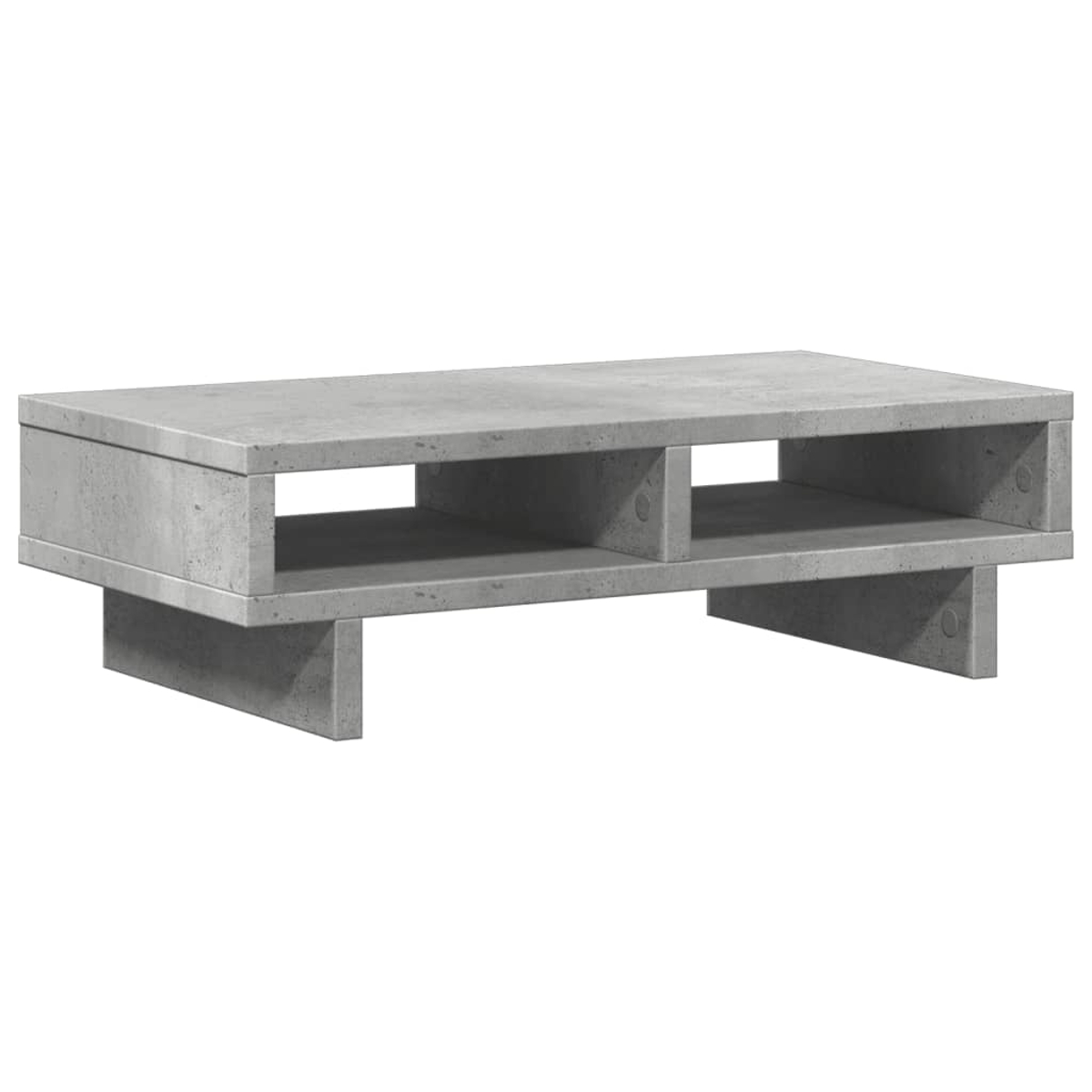 Ein grauer Couchtisch aus Beton mit zwei offenen Fächern. Er hat eine rechteckige Form mit sichtbarer struktureller Unterstützung.