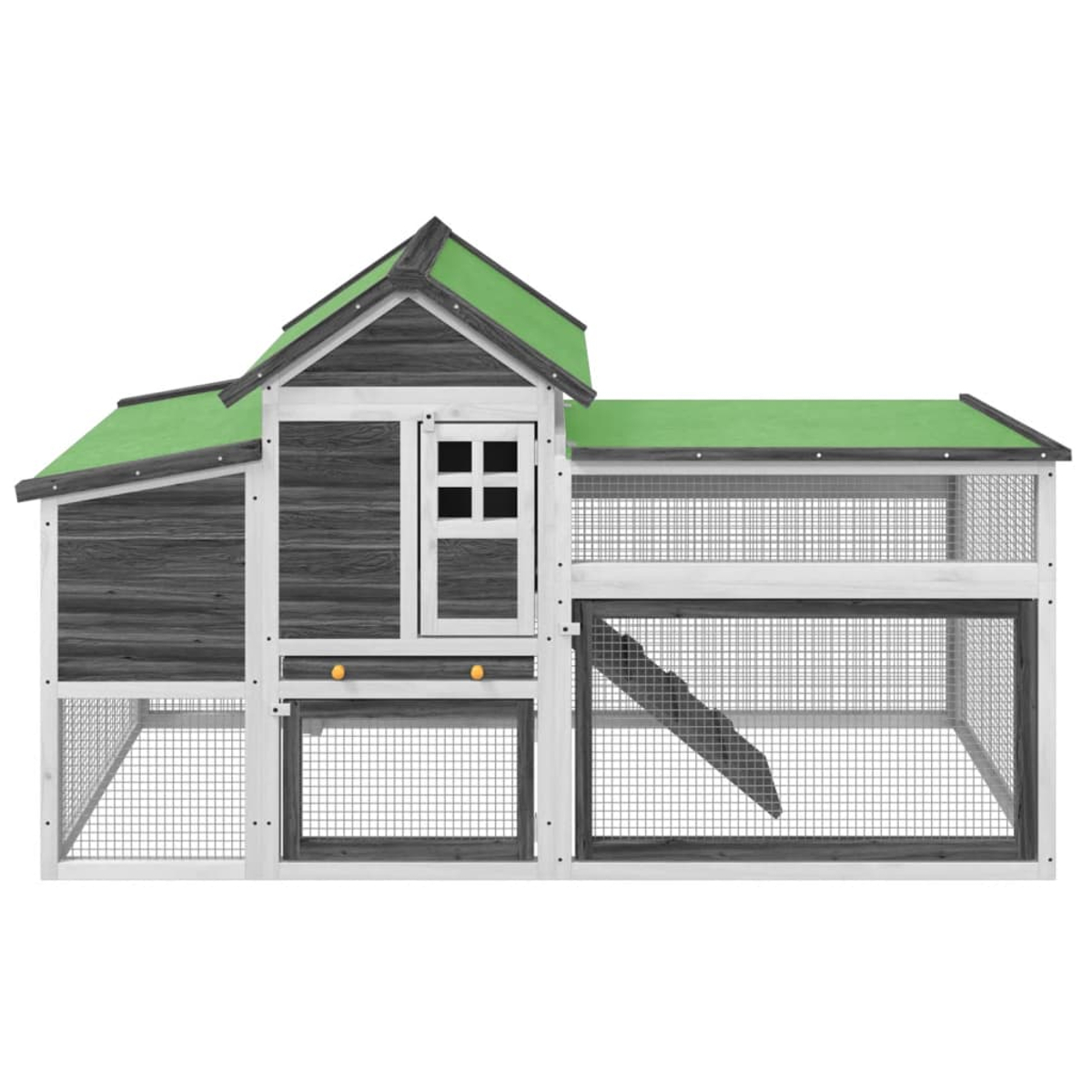 Hühnerstall aus Holz mit grünem Dach. Er hat ein Haupthaus, einen Drahtgitterauslauf und eine Rampe. Das Haus ist grau und weiß.